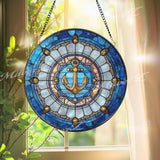 Nautical Anchor Stained Glass Suncatcher, Round Ocean Blue Window Hanging, Coastal Beach Decor Gift, Maritime Glass Art Panel
