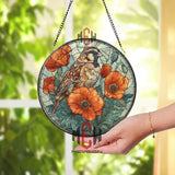 Sparrow Stained Glass Suncatcher, Round Brown Bird with Orange Poppies Window Panel, Nature Inspired Floral Garden Lover Home Decor Gift