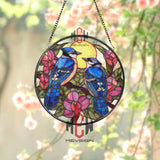 Blue Jay Stained Glass Suncatcher, Round Pair of Birds with Pink Flowers and Sun Window Panel, Nature Garden Lover Home Decor Gift