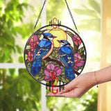 Blue Jay Stained Glass Suncatcher, Round Pair of Birds with Pink Flowers and Sun Window Panel, Nature Garden Lover Home Decor Gift