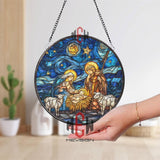 Nativity Stained Glass Suncatcher, Round Holy Family with Baby Jesus and Starry Night Window Panel, Christian Christmas Home Decor Gift