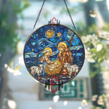 Nativity Stained Glass Suncatcher, Round Holy Family with Baby Jesus and Starry Night Window Panel, Christian Christmas Home Decor Gift