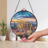 Parthenon Stained Glass Suncatcher, Round Ancient Greek Temple Window Panel with Sunset Sky, Classical Travel Home Decor Gift
