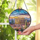 Parthenon Stained Glass Suncatcher, Round Ancient Greek Temple Window Panel with Sunset Sky, Classical Travel Home Decor Gift