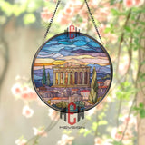 Parthenon Stained Glass Suncatcher, Round Ancient Greek Temple Window Panel with Sunset Sky, Classical Travel Home Decor Gift