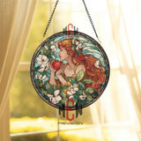 Goddess Stained Glass Suncatcher, Round Woman with Red Apple and Blossoms Window Panel, Fantasy Art Nouveau Floral Home Decor Gift