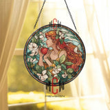 Goddess Stained Glass Suncatcher, Round Woman with Red Apple and Blossoms Window Panel, Fantasy Art Nouveau Floral Home Decor Gift