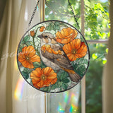 Sparrow Stained Glass Suncatcher, Round Songbird Window Panel with Orange Poppies, Nature Floral Bird Lover Home Decor Gift