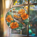 Sparrow Stained Glass Suncatcher, Round Songbird Window Panel with Orange Poppies, Nature Floral Bird Lover Home Decor Gift