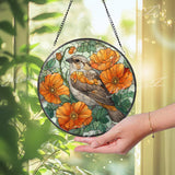Sparrow Stained Glass Suncatcher, Round Songbird Window Panel with Orange Poppies, Nature Floral Bird Lover Home Decor Gift
