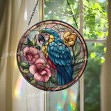 Parrot Stained Glass Suncatcher, Round Tropical Bird Window Panel with Hibiscus Flowers, Exotic Colorful Home Decor Gift