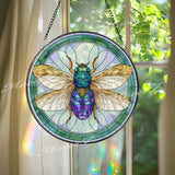 Bee Stained Glass Suncatcher, Round Insect Window Panel with Golden Wings and Green Border, Nature Inspired Home Decor Gift