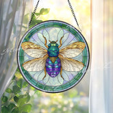Bee Stained Glass Suncatcher, Round Insect Window Panel with Golden Wings and Green Border, Nature Inspired Home Decor Gift