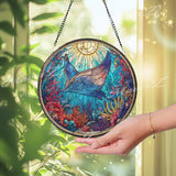 Manta Ray Stained Glass Suncatcher, Round Ocean Underwater Coral Reef Window Panel, Marine Sea Life Nautical Glass Art Home Decor Gift