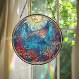 Manta Ray Stained Glass Suncatcher, Round Ocean Underwater Coral Reef Window Panel, Marine Sea Life Nautical Glass Art Home Decor Gift