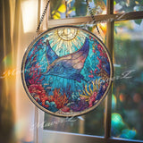 Manta Ray Stained Glass Suncatcher, Round Ocean Underwater Coral Reef Window Panel, Marine Sea Life Nautical Glass Art Home Decor Gift