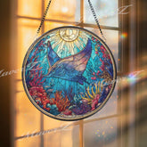 Manta Ray Stained Glass Suncatcher, Round Ocean Underwater Coral Reef Window Panel, Marine Sea Life Nautical Glass Art Home Decor Gift