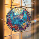 Manta Ray Stained Glass Suncatcher, Round Ocean Underwater Coral Reef Window Panel, Marine Sea Life Nautical Glass Art Home Decor Gift