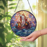 Axolotl Stained Glass Suncatcher, Round Pink Salamander Window Panel with Blue Water Plants, Unique Aquatic Animal Home Decor Gift