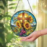 Sunflower Cross Stained Glass Suncatcher, Round Christian Window Panel with Grapes, Faith Religious Window Hanging