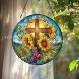 Sunflower Cross Stained Glass Suncatcher, Round Christian Window Panel with Grapes, Faith Religious Window Hanging