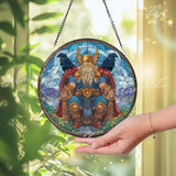 Odin Stained Glass Suncatcher, Round Norse God with Ravens Huginn and Muninn Window Panel, Viking Mythology Home Decor