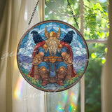 Odin Stained Glass Suncatcher, Round Norse God with Ravens Huginn and Muninn Window Panel, Viking Mythology Home Decor