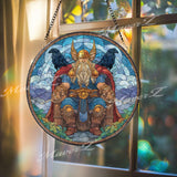 Odin Stained Glass Suncatcher, Round Norse God with Ravens Huginn and Muninn Window Panel, Viking Mythology Home Decor