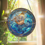 Poseidon Stained Glass Suncatcher, Round Greek God of Sea Window Panel with Trident and Waves, Mythology Ocean Home Decor