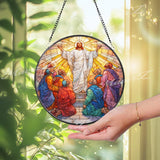 Knight Stained Glass Suncatcher, Round Medieval Warrior with Sword and Shield Window Panel, Gothic Fantasy Home Decor