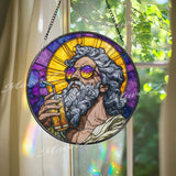 Warrior Acrylic Suncatcher, Round Medieval Knight with Shield and Dog Window Panel, Fantasy Gothic Stained Glass Style Home Decor Gift