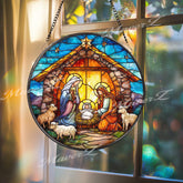 Skeleton Stained Glass Suncatcher, Round Gothic Skeleton with Flowers and Candle Window Hanging, Dark Fantasy Home Decor