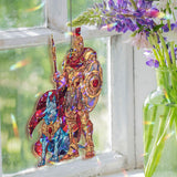 Warrior and Hound Acrylic Suncatcher, Mythological Soldier with Spear and Dog, Fantasy Window Hanging, Gothic Home Decor