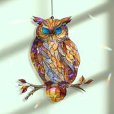 Owl Acrylic Suncatcher, Stained Glass Style Wise Owl with Blue Eyes, Woodland Animal Window Hanging, Nature Home Decor Gift