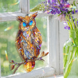 Owl Acrylic Suncatcher, Stained Glass Style Wise Owl with Blue Eyes, Woodland Animal Window Hanging, Nature Home Decor Gift