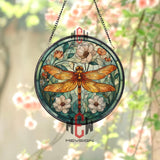 Orange Dragonfly Stained Glass Suncatcher, Round Floral Window Panel with White and Peach Flowers, Nature Inspired Hanging Home Decor