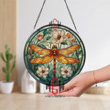 Orange Dragonfly Stained Glass Suncatcher, Round Floral Window Panel with White and Peach Flowers, Nature Inspired Hanging Home Decor