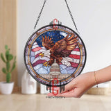 American Bald Eagle Stained Glass Suncatcher, Round Patriotic Window Panel with Capitol Building and Flag, USA Freedom Home Decor