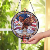 American Bald Eagle Stained Glass Suncatcher, Round Patriotic Window Panel with Capitol Building and Flag, USA Freedom Home Decor