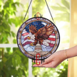 American Bald Eagle Stained Glass Suncatcher, Round Patriotic Window Panel with Capitol Building and Flag, USA Freedom Home Decor