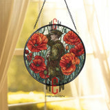Remembrance Soldier Stained Glass Suncatcher, Round Red Poppy Window Panel, Military Memorial Patriotic Home Decor, Veteran Gift
