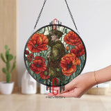 Remembrance Soldier Stained Glass Suncatcher, Round Red Poppy Window Panel, Military Memorial Patriotic Home Decor, Veteran Gift