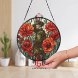 Remembrance Soldier Stained Glass Suncatcher, Round Red Poppy Window Panel, Military Memorial Patriotic Home Decor, Veteran Gift