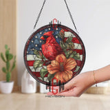Patriotic Cardinal Stained Glass Suncatcher, Round Window Panel with American Flag and Hibiscus Flower, USA Nature Home Decor Gift