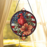 Patriotic Cardinal Stained Glass Suncatcher, Round Window Panel with American Flag and Hibiscus Flower, USA Nature Home Decor Gift
