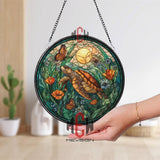 Sea Turtle Stained Glass Suncatcher, Round Ocean Nature Window Panel with Butterflies, Flowers and Sun, Coastal Beach Home Decor Gift