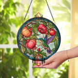 Hummingbird Stained Glass Suncatcher, Round Window Panel with Pomegranates and Leaves, Colorful Nature Inspired Home Decor Gift
