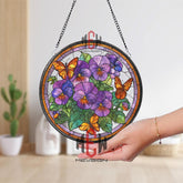 Purple Pansy Stained Glass Suncatcher, Round Window Panel with Orange Butterflies and Flowers, Colorful Garden Nature Home Decor Gift