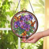 Purple Pansy Stained Glass Suncatcher, Round Window Panel with Orange Butterflies and Flowers, Colorful Garden Nature Home Decor Gift