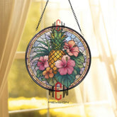 Pineapple Stained Glass Suncatcher, Round Tropical Window Panel with Pink Hibiscus Flowers, Colorful Kitchen Garden Beach Home Decor Gift
